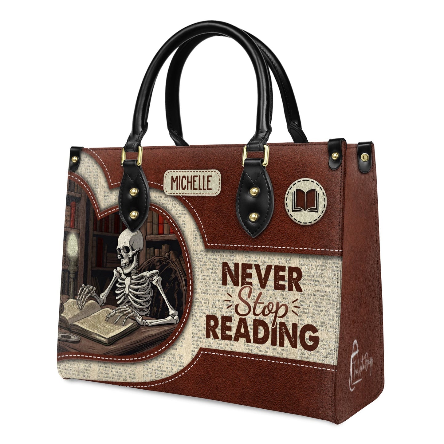 Never Stop Reading Leather Bag