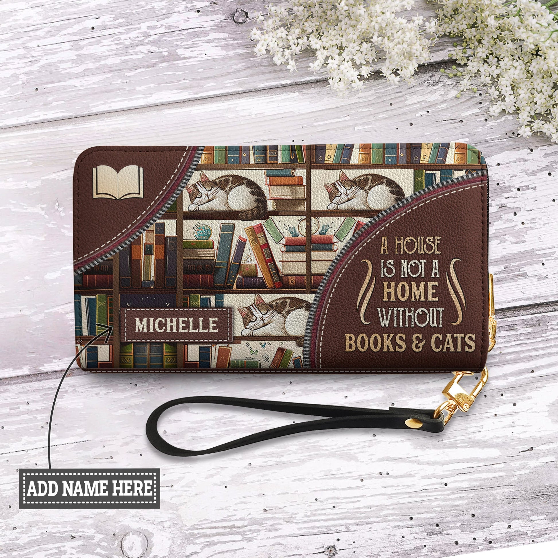 A House Is Not A Home Without Books And Cats DNRZ100723900 Zip Around Leather Wallet