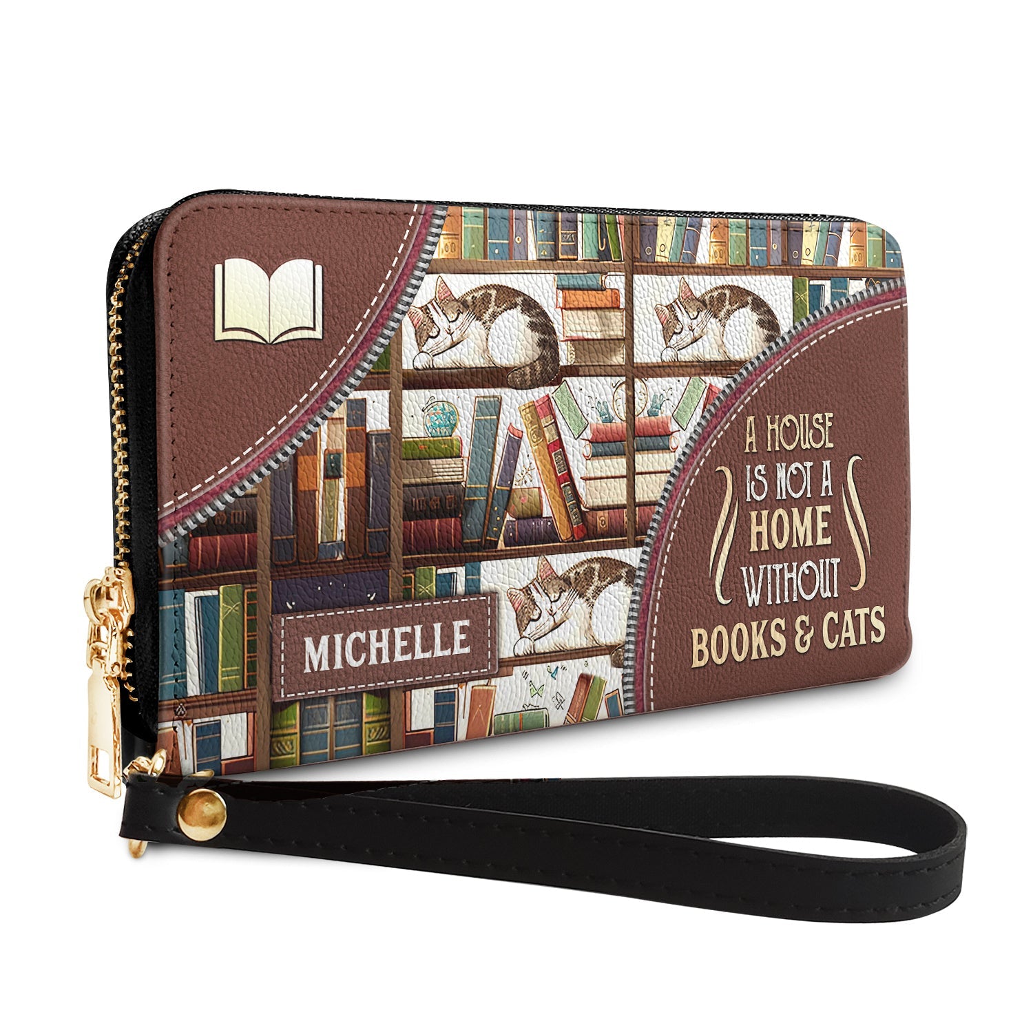 A House Is Not A Home Without Books And Cats DNRZ100723900 Zip Around Leather Wallet